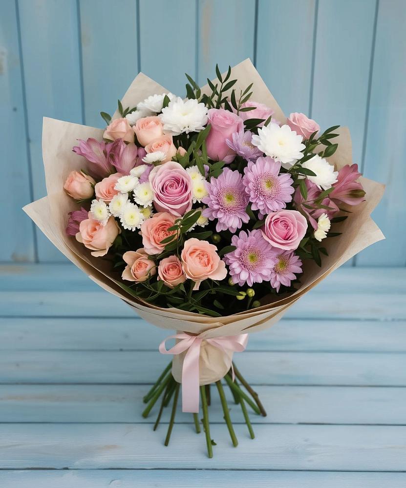 Букет цветов из: Хризантемы, Розы и Альстромерии в Николо-Варваринке