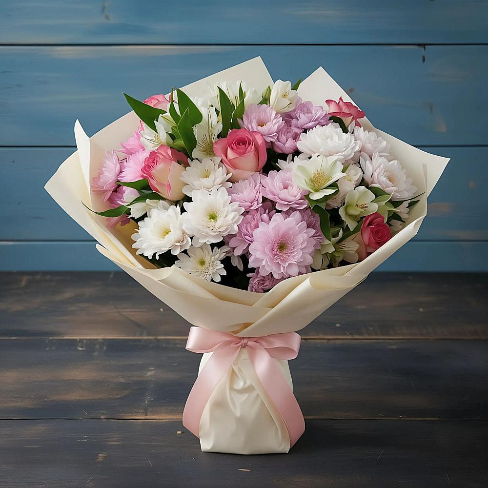 Букет цветов из: Хризантемы, Альстромерии и Розы в Николо-Варваринке